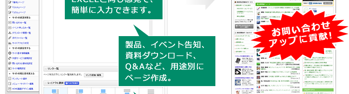 製品、イベント告知、資料ダウンロード、Q&Aなど、用途別にページ作成。
