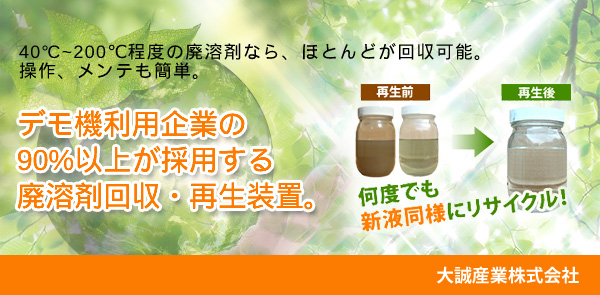 40℃～200℃程度の廃溶剤なら、ほとんどが回収可能。操作、メンテも簡単。デモ機利用企業の90％以上が採用する廃溶剤回収・再生装置