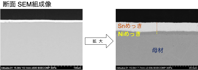 断面観察：端子表面のめっき厚さ​