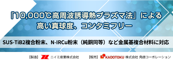 『10,000℃高周波誘導熱プラズマ法』による高い真球度、コンタミフリー SUS-TiB2複合粉末、N-IRCu粉末（純銅同等）など金属基複合材料に対応