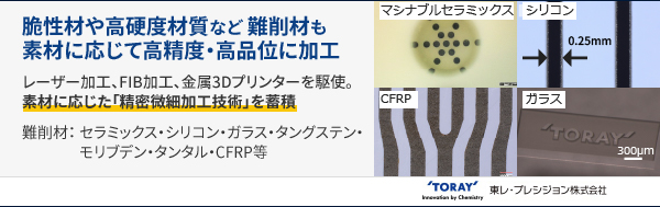 【脆性材や高硬度材質など難削材も素材に応じて高精度・高品位に加工】レーザー加工、FIB加工、金属3Dプリンターを駆使。素材に応じた「精密微細加工技術」を蓄積。