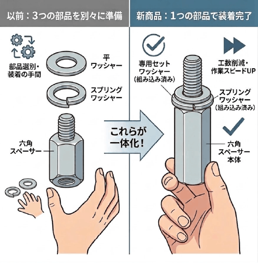 以前：3つの商品を別々に準備・新商品：1つの部品で装着完了