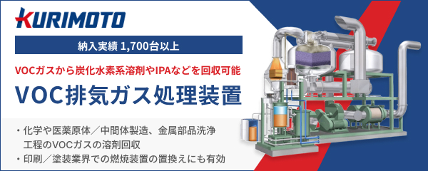 納入実績1700台以上。VOCガスから炭化水素系溶剤やIPAなどを回収可能。化学や医薬原体／中間体製造、金属部品洗浄工程のVOCガスの溶剤回収。印刷／塗装業界での燃焼装置からの置換えにも有効